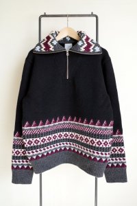 fluss       fairisle half zip crochet color knit・black