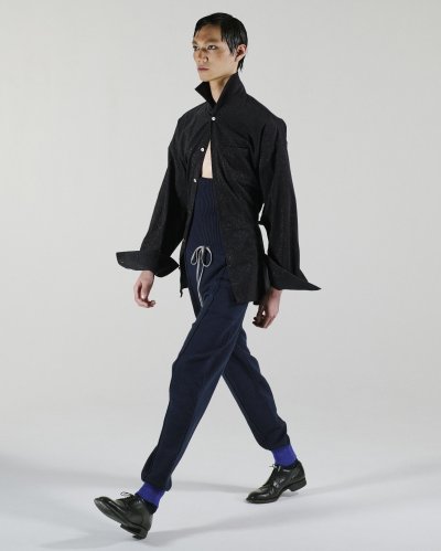 画像1: fluss       shawl collar shirt  with peplum・navy glitter